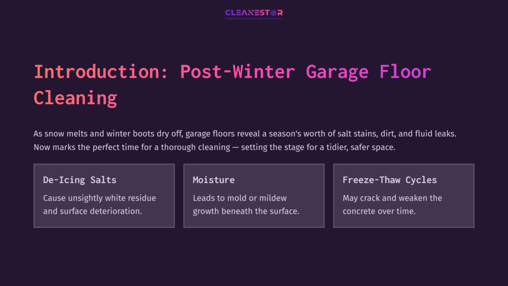 2 Introduction Post Winter Garage Floor Cleaning Text On A Dark Purple Background Discusses Cleaning Garage Floors After Winter, Highlighting De-Icing Salts, Moisture, And Freeze-Thaw Effects.