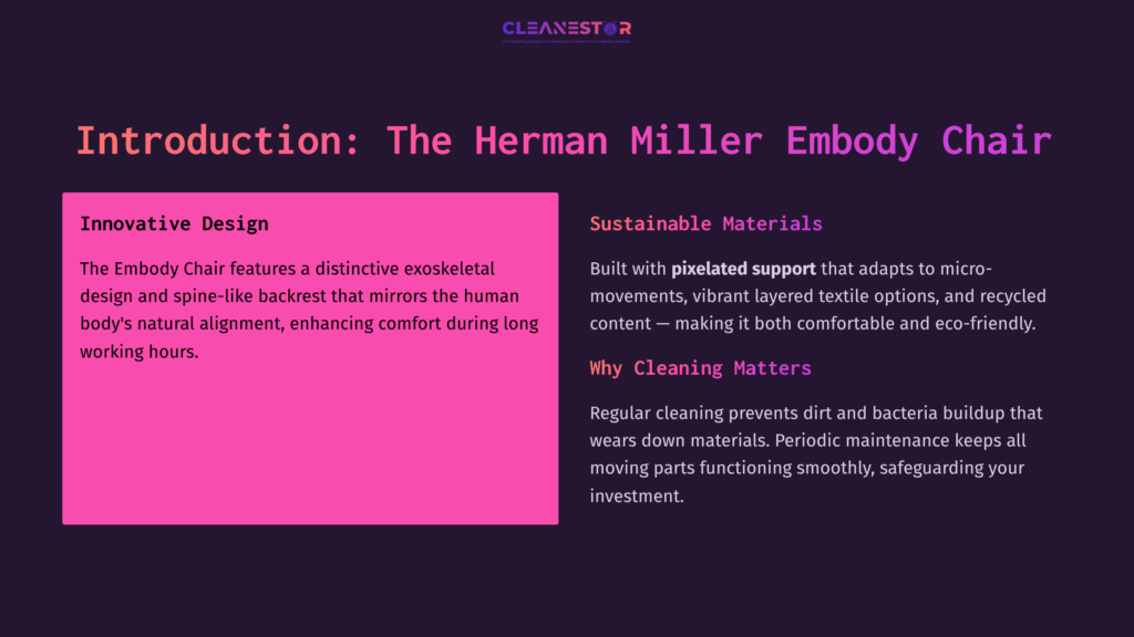 2 Introduction The Herman Miller Embody Chair Text On A Vibrant Purple And Pink Background Explains The Herman Miller Embody Chair'S Design, Materials, And Cleaning Importance.