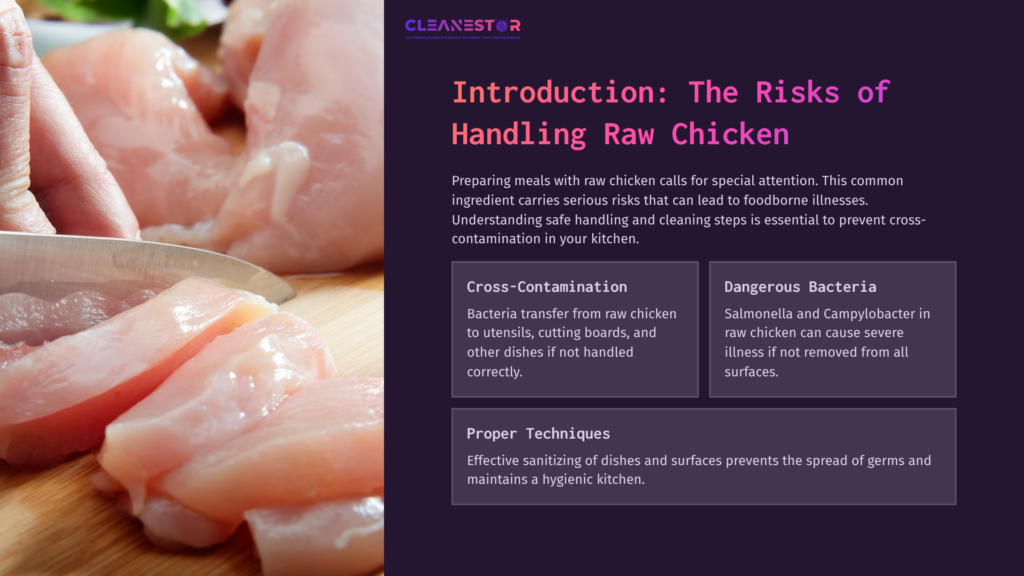 Raw Chicken Pieces On A Cutting Board With Kitchen Utensils In The Background, Accompanied By Text About Cross-Contamination And Food Safety.