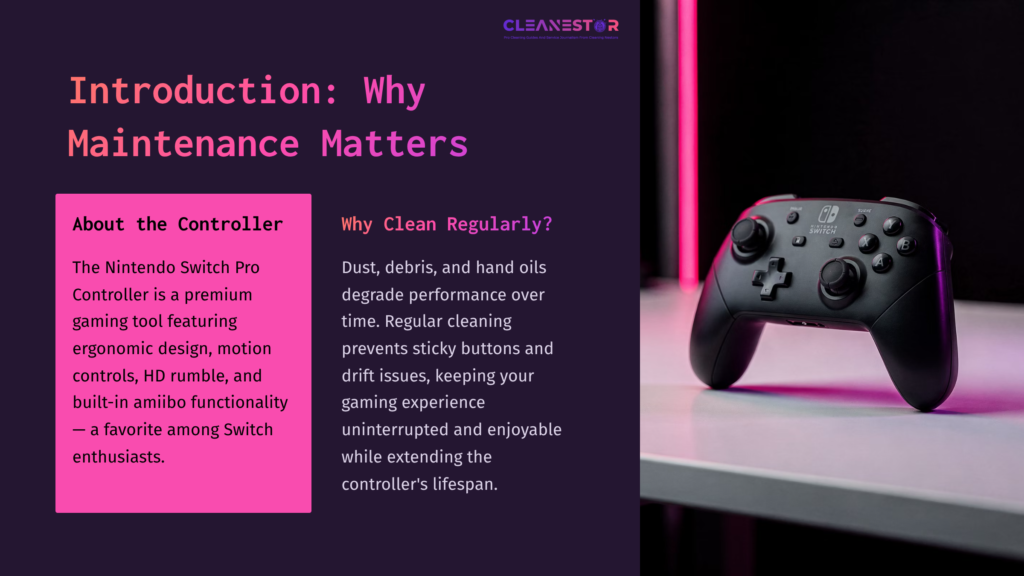 A Black Nintendo Switch Pro Controller On A Light Surface, With A Pink Background And Text About Maintenance And Cleaning.