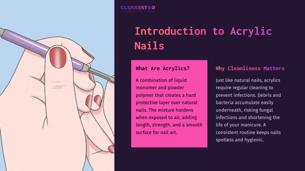 2 Introduction To Acrylic Nails A Person Holding A Purple Cuticle Pusher, Demonstrating Nail Care With Acrylic Nails; Text Highlights Cleaning Importance And Nail Care Tips.