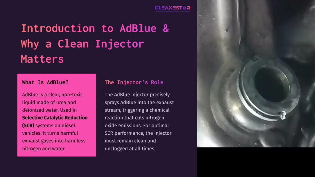 2 Introduction To Adblue And Why A Clean Injector Matters Close-Up Of An Adblue Injector, Showcasing A Metallic Nozzle Inside A Fuel System, With Dark Background And Informational Text.