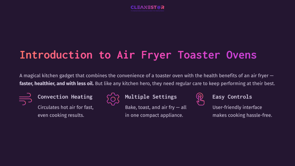2 Introduction To Air Fryer Toaster Ovens Text On A Dark Purple Background Introduces Air Fryer Toaster Ovens, Highlighting Features Like Efficient Heating, Multiple Settings, And Easy Cleaning.