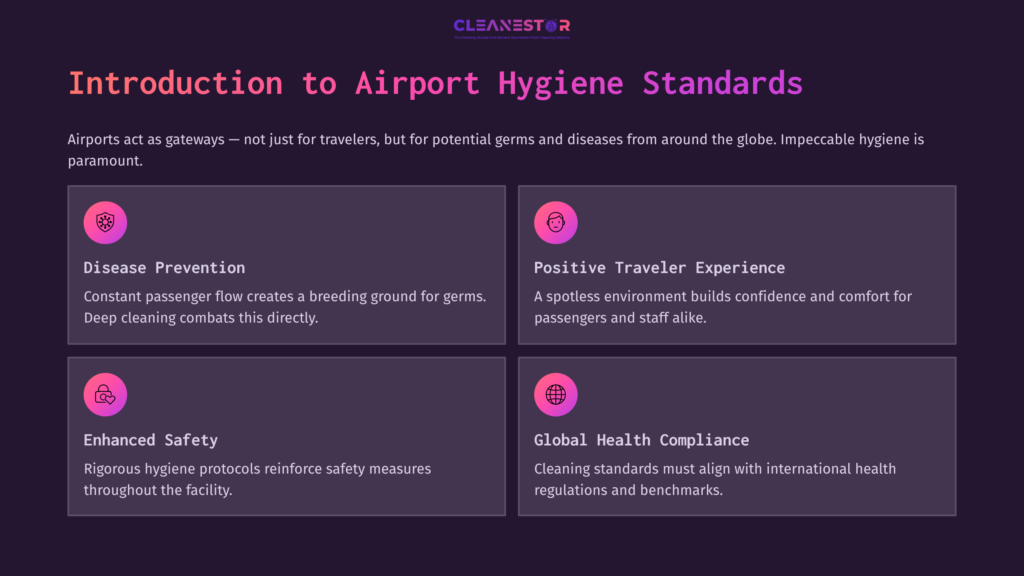 Four Sections Highlight Airport Hygiene Standards, Featuring White Text On A Purple Background, With Icons Representing Disease Prevention, Traveler Experience, Safety Measures, And Health Compliance.