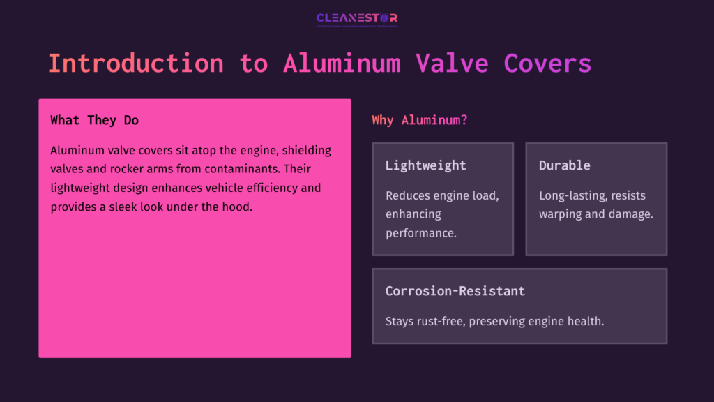 Text Box With A Pink Background On The Left Detailing Aluminum Valve Covers, Alongside A White Box With Key Benefits: Lightweight, Durable, Corrosion-Resistant.