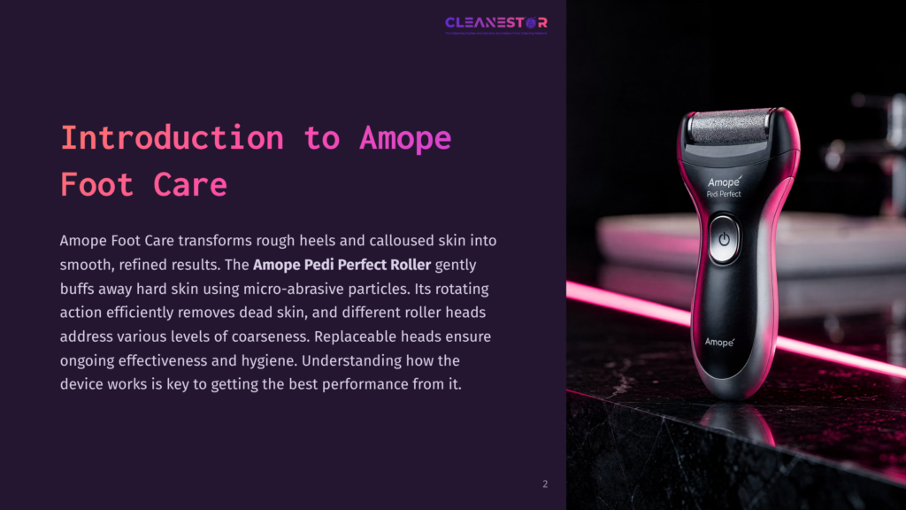A Sleek Amope Foot Roller Device On A Dark Countertop, Illuminated By Soft Pink Lighting, Showcasing Its Modern Design And Functionality.