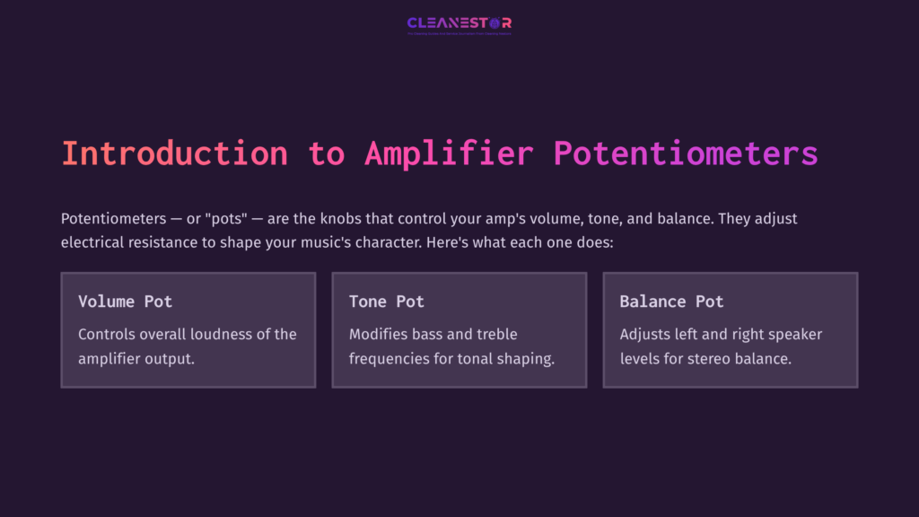 Purple Background With White Text, Detailing 'Introduction To Amplifier Potentiometers' And Explaining Functions Of Volume, Tone, And Balance Pots.