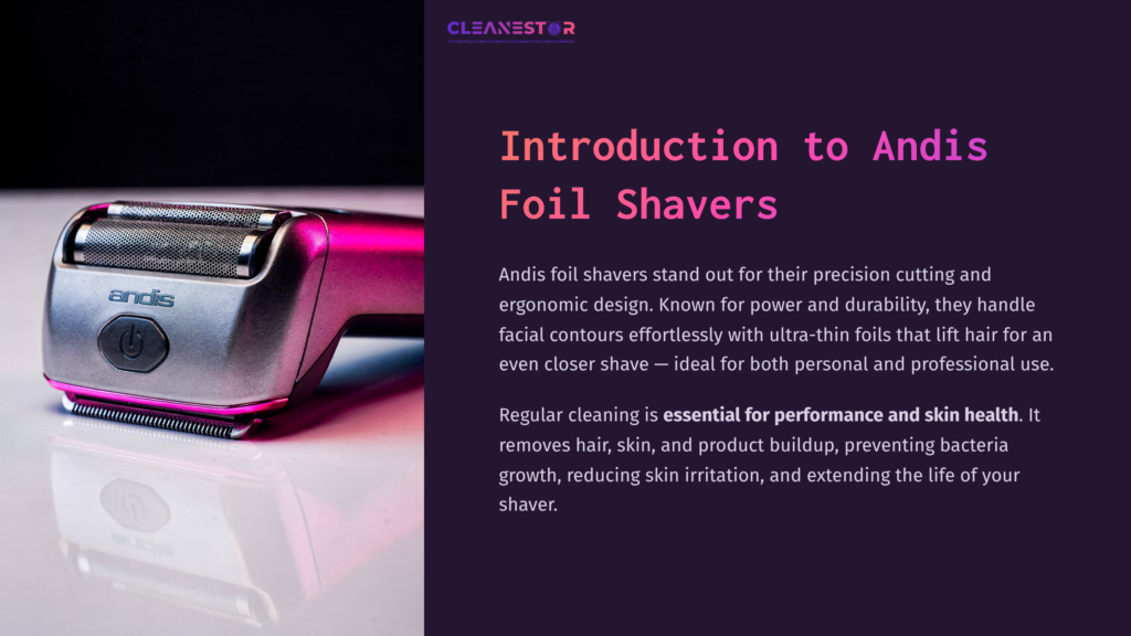 Andis Foil Shaver In The Foreground With A Sleek Silver Design, Set Against A Dark Purple Background, Accompanied By Informative Text.