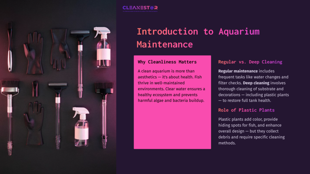 2 Introduction To Aquarium Maintenance Aquarium Cleaning Supplies, Including Spray Bottles And Brushes, Arranged On A Dark Background With A Pink Sidebar Highlighting Maintenance Tips.