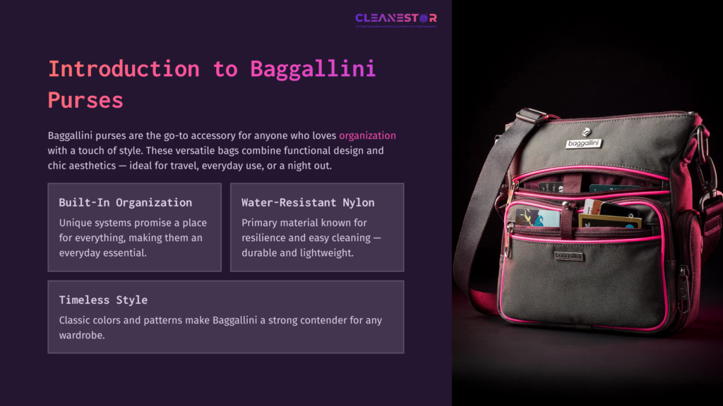 Gray Baggallini Purse With Pink Accents, Showcasing Multiple Compartments, Placed Against A Dark Background With Informational Text Above.