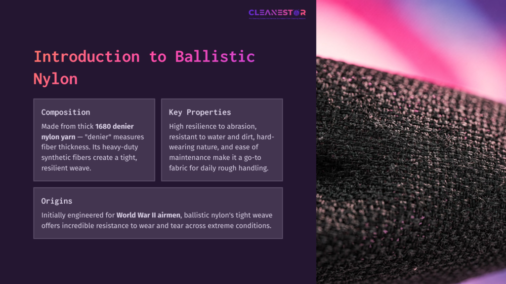 Dark Textured Fabric Of Ballistic Nylon On The Right With A Pink Gradient Background. Text Highlights Its Composition And Properties.