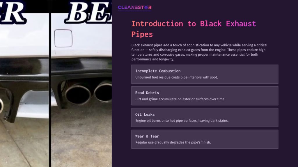 Black Exhaust Pipes With A Glossy Finish, Shown Against A Light-Colored Vehicle, Alongside Text About Cleaning And Maintenance Issues.