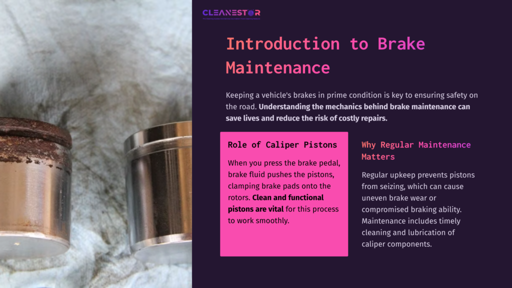 Close-Up Of Two Caliper Pistons, One Shiny And One Slightly Dirty, On A Dark Purple Background With Text On Brake Maintenance.