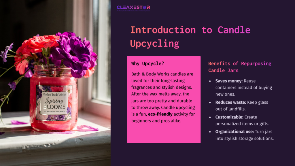 A Pink Bath &Amp; Body Works Candle Jar With A Label Reading &Quot;Spring Blooms,&Quot; Surrounded By Vibrant Purple Flowers, Against A Dark Purple Background.
