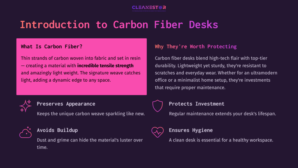 Infographic Explaining Carbon Fiber Desks, Featuring Vibrant Colors, Sections On Appearance, Investment Protection, And Hygiene Maintenance Tips.