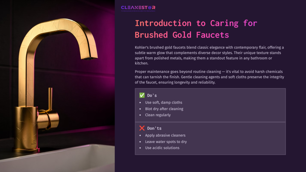 Brushed Gold Faucet With Sleek Design On A Dark Background, Accompanied By Bullet Points On Cleaning Do'S And Don'Ts.