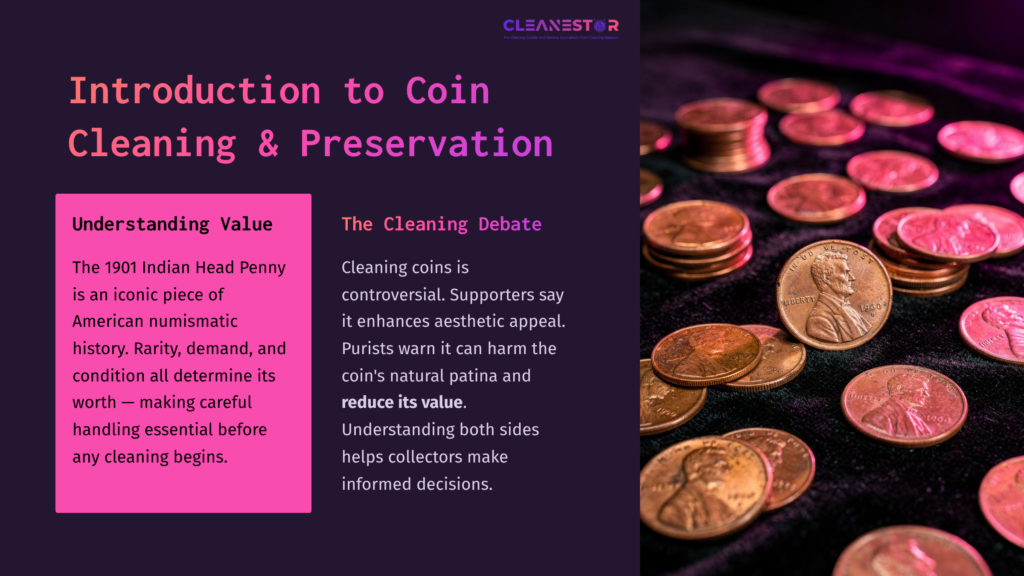 2 Introduction To Coin Cleaning And Preservation A Collection Of Bronze Coins Scattered On A Dark Surface, Beside A Text Section About Cleaning And Preserving Coins.