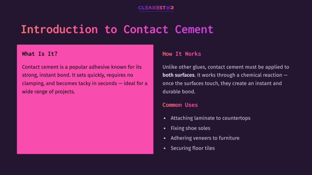 Bright Pink Box Highlighting Key Information On Contact Cement, With A Clean, Modern Layout And Headings Providing Definitions And Uses.