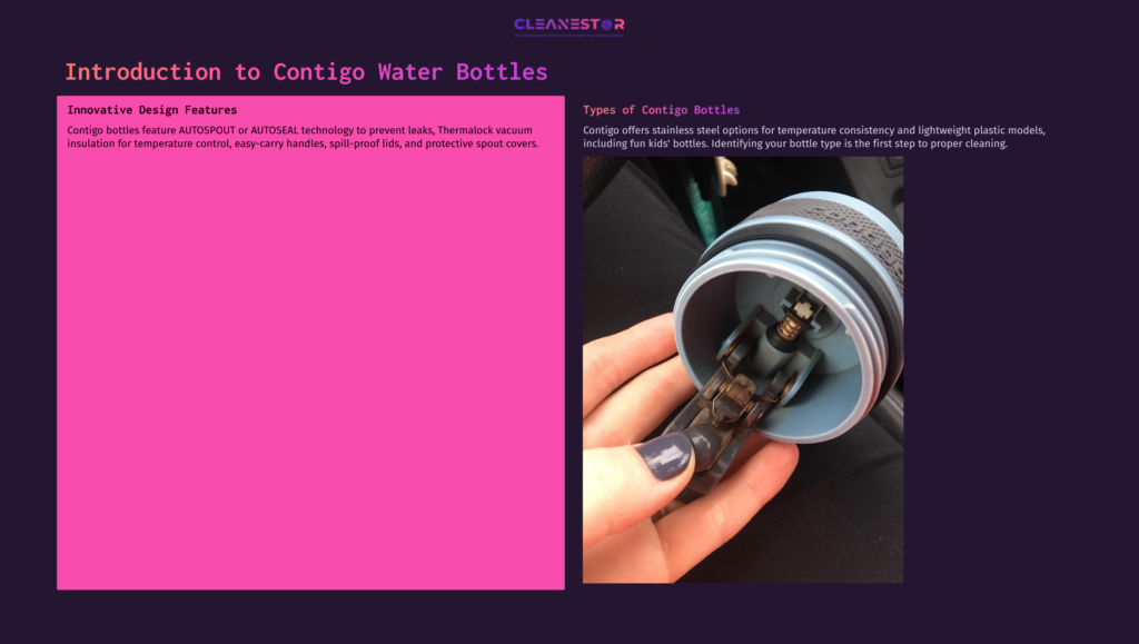 Close-Up Of A Person Holding A Contigo Water Bottle Lid, Showcasing The Internal Mechanism, Set Against A Colorful Background With Text.