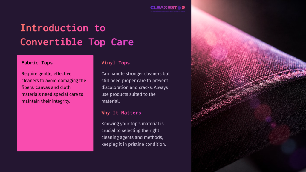 Close-Up Of A Purple Fabric Convertible Top With Soft Texture, Accompanied By Text Highlighting Cleaning Tips For Fabric And Vinyl Materials.