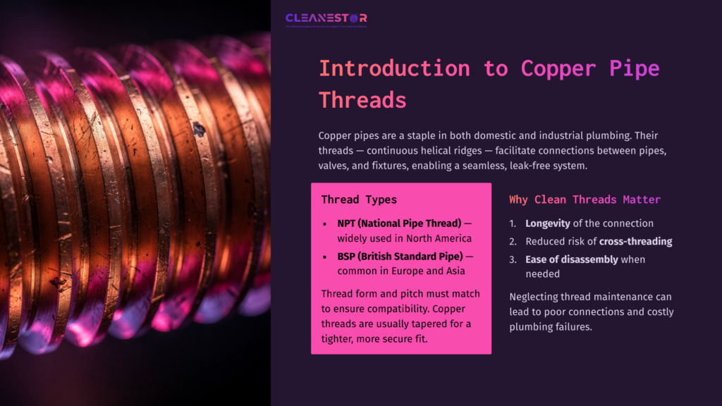 Close-Up Of Copper Pipe Threads With Vibrant Purple And Pink Lighting, Showcasing Helical Ridges And A Smooth Surface.