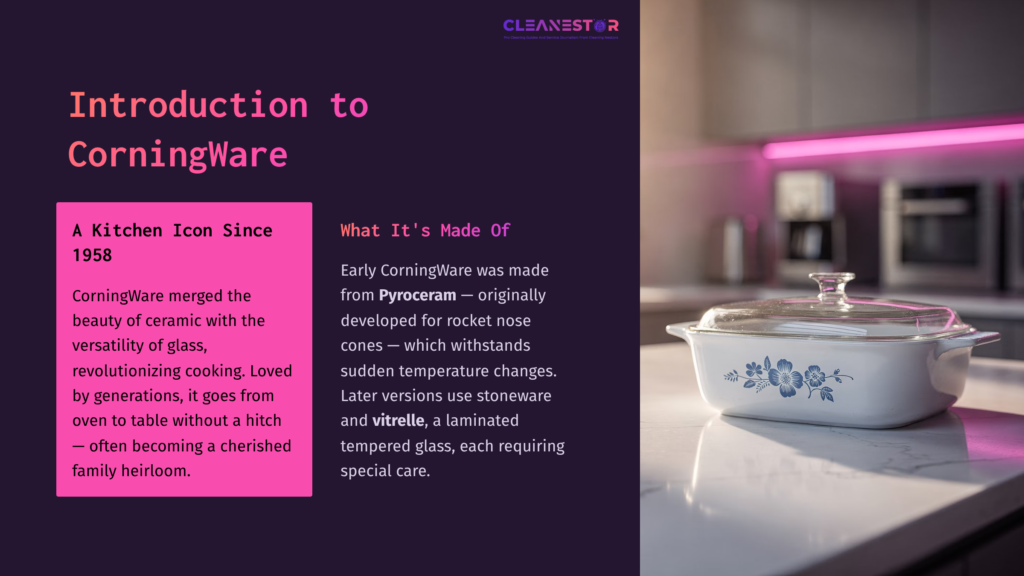 White Corning Ware Dish With Blue Floral Design, Placed On A Vibrant Purple Background, With Text About Its History And Materials.