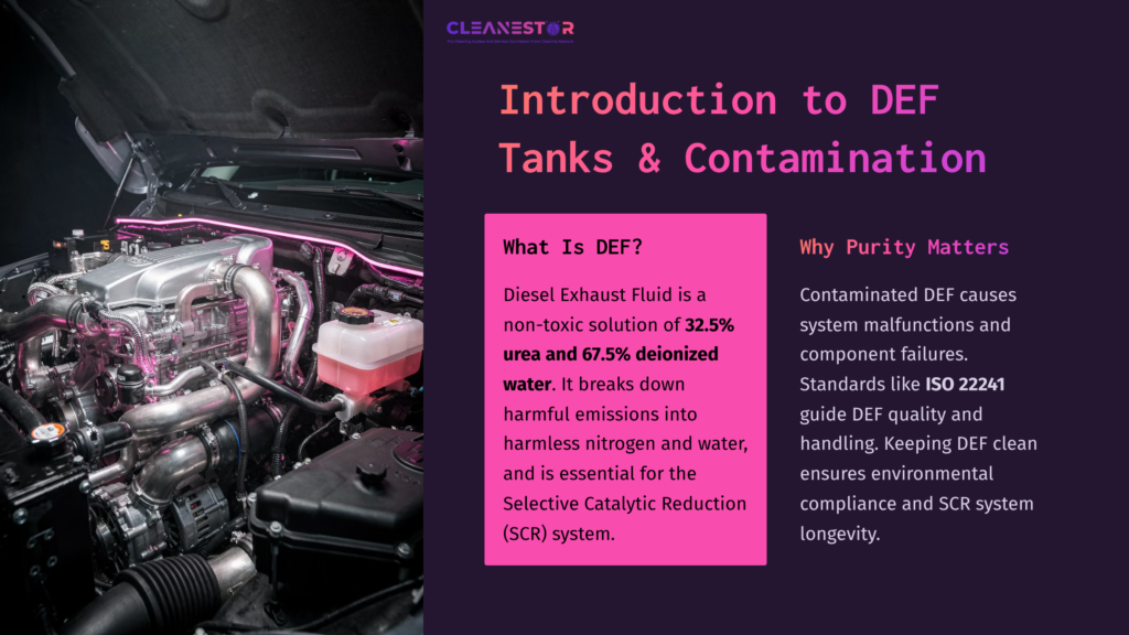 2 Introduction To Def Tanks And Contamination Engine Compartment With A Focus On A Diesel Engine, Highlighting Fluid Systems And Contamination Hazards, Featuring Pink Accents And Detailed Labels.