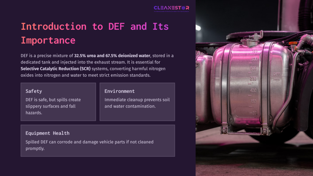 Close-Up Of A Silver Def Tank With A Pink And Purple Background, Highlighting Safety And Environmental Cleanup Information.