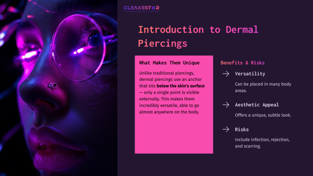Close-Up Of A Person With Glasses, Showcasing Vibrant Purple Lighting And Text About Dermal Piercings' Benefits, Risks, And Uniqueness.