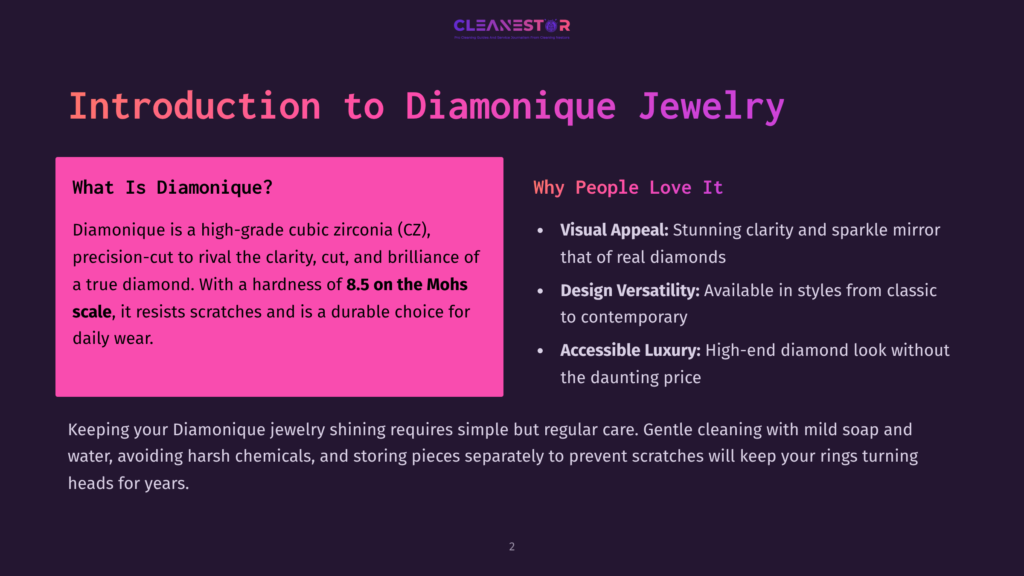 Text-Heavy Graphic Featuring A Vibrant Pink Background With White Text Detailing The Qualities Of Diamonique Jewelry And Care Tips.