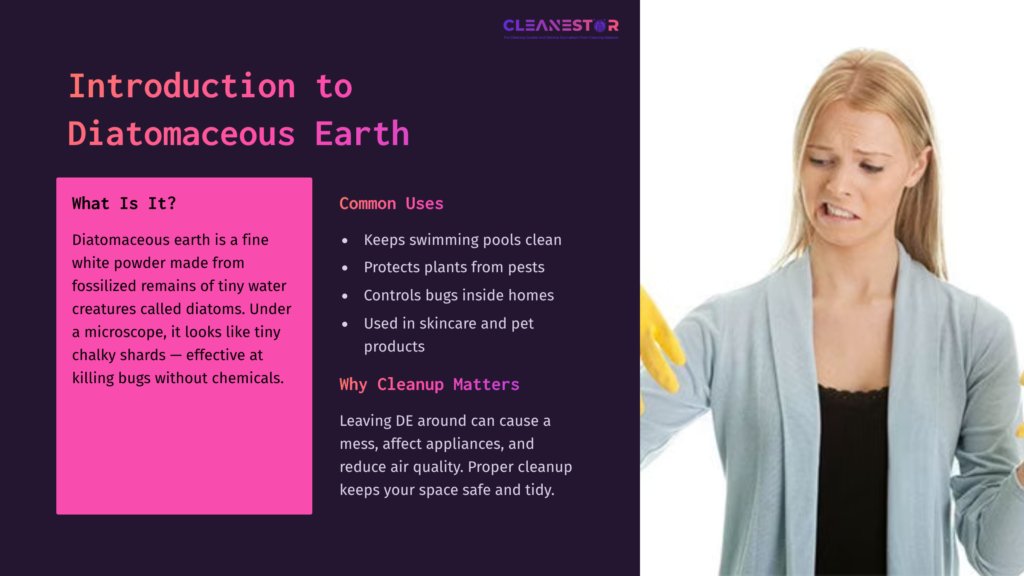 A Person In A Bright Yellow Glove Cleans A Surface, With A Dark Purple And Pink Background Detailing Diatomaceous Earth And Its Uses.