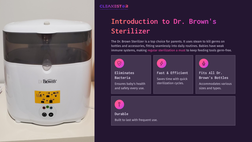 White Dr. Brown'S Sterilizer With A Clear Lid And Yellow Control Panel, Set Against A Dark Purple Background, Highlighting Cleaning Features.