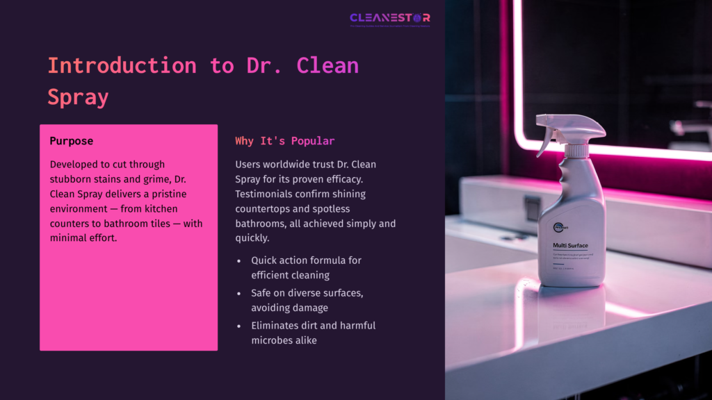2 Introduction To Dr Clean Spray A Spray Bottle Labeled &Quot;Dr. Clean Spray&Quot; On A Bathroom Counter, With Pink Neon Lighting And A Modern Sink In The Background.