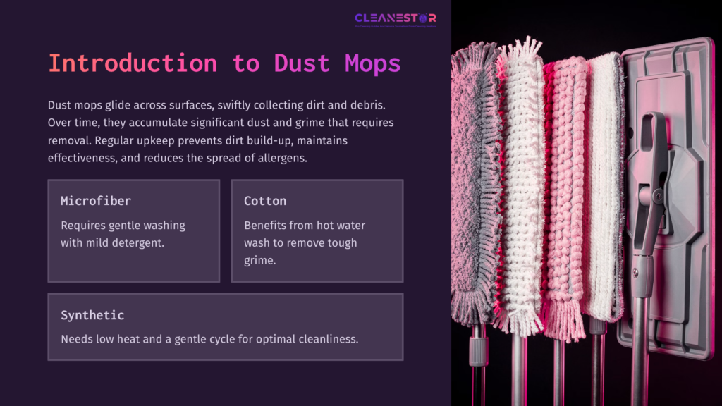 Dust Mops In Shades Of Pink And White Are Displayed Against A Dark Background, Accompanied By Informative Text On Cleaning Materials.