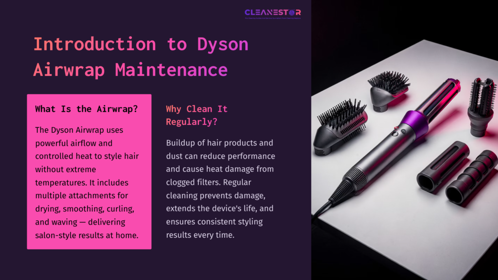 2 Introduction To Dyson Airwrap Maintenance A Dyson Airwrap And Its Attachments Displayed On A Sleek Surface, Featuring Pink And Silver Colors Against A Dark Background, With Text Nearby.