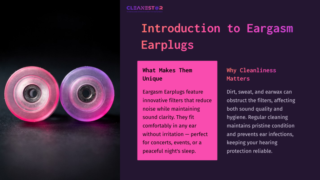 Dual Earplugs In Pink And Purple, Showcasing Their Unique Filters. Text Highlights Their Comfort And The Importance Of Cleanliness.