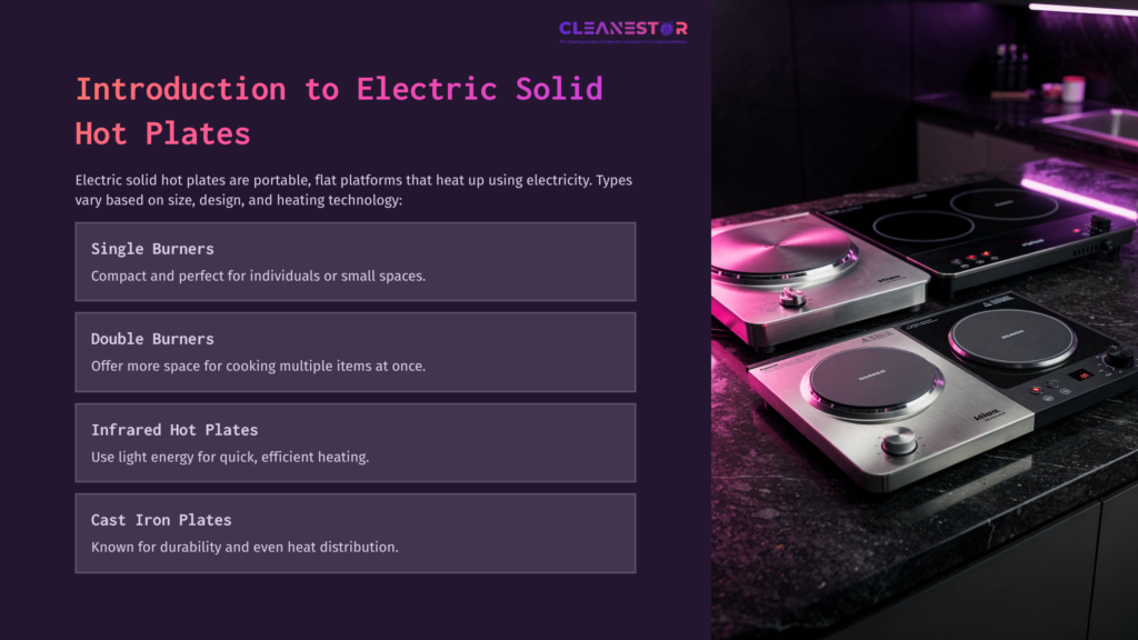 Two Electric Solid Hot Plates In A Sleek, Modern Kitchen Setting. The Left Plate Is Smaller, While The Right Has Two Burners, Illuminated By Purple Lighting.
