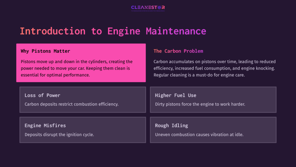 Text On A Dark Background Discusses Engine Maintenance And Problems Caused By Carbon Buildup On Pistons, With Bullet Points Highlighting Issues.