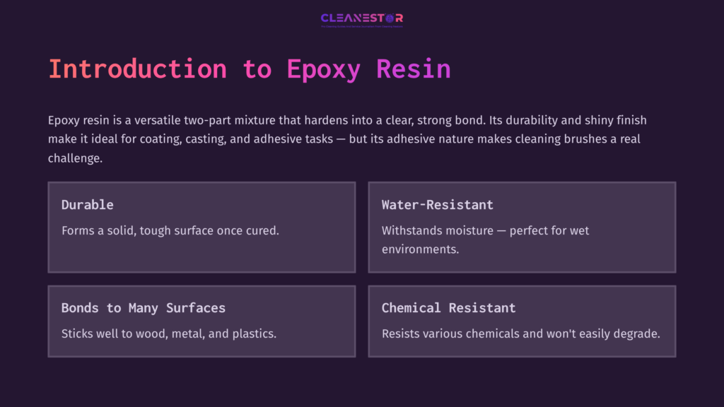 2 Introduction To Epoxy Resin Text On A Dark Purple Background Explaining Epoxy Resin'S Features: Durability, Water Resistance, Bond With Surfaces, And Chemical Resistance.