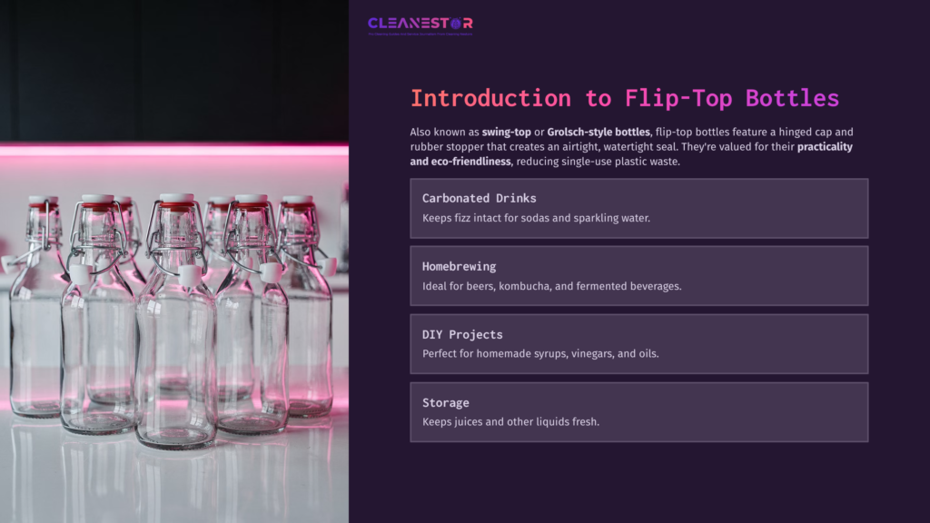 Clear Glass Flip-Top Bottles Arranged On A Table With A Pink-Lit Background, Showcasing Their Use For Beverages And Storage.