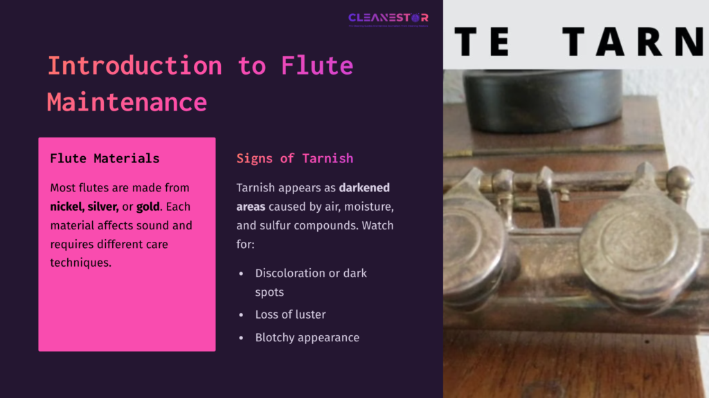 Flute Maintenance Guide Highlighting Tarnish Signs With Text On Cleaning And Care; Features A Tarnished Flute With Dark Spots.