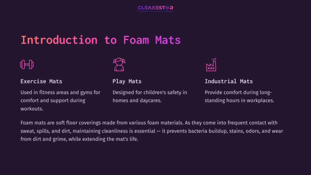 Title &Quot;Introduction To Foam Mats&Quot; With Sections For Exercise Mats, Play Mats, And Industrial Mats, Presented In A Dark Purple Layout With White And Pink Text.