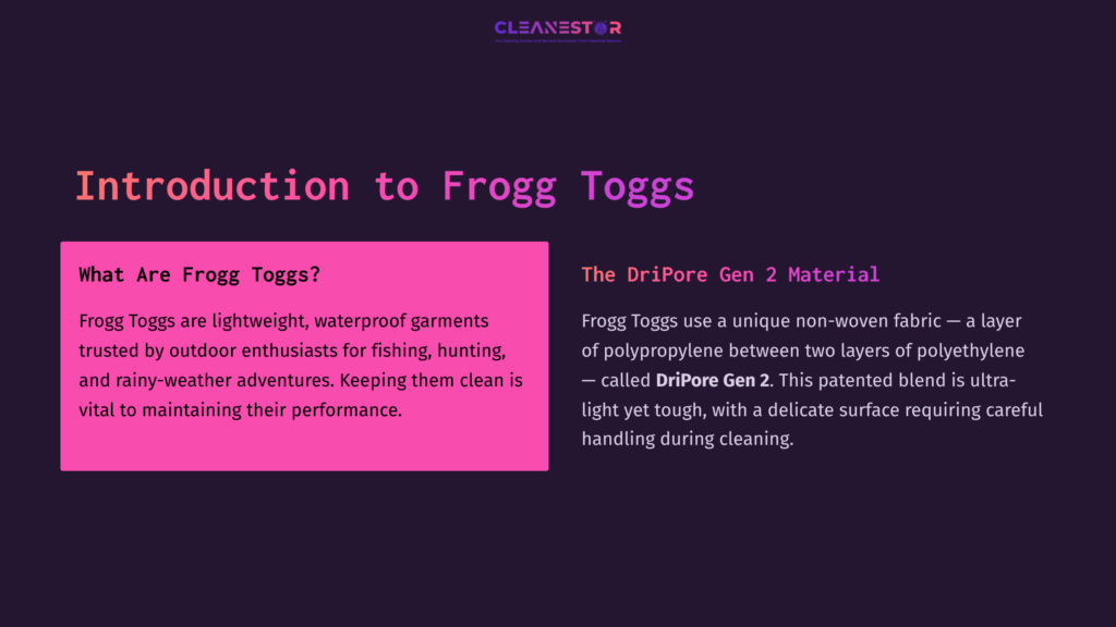 Text Block With A Pink Background Titled &Quot;Introduction To Frogg Toggs,&Quot; Explaining Their Lightweight, Waterproof Features And Cleaning Material.