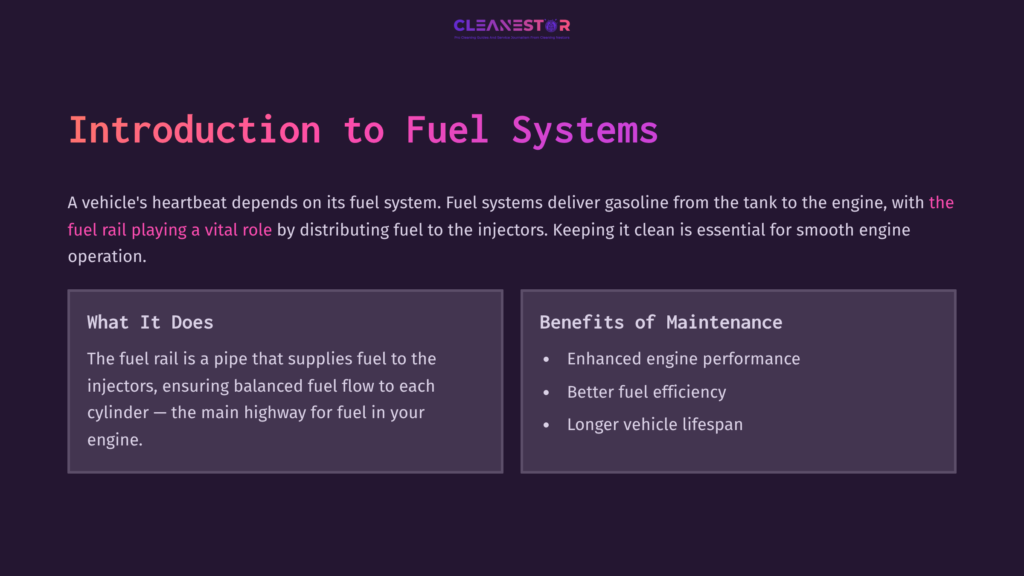 Text On A Dark Purple Background Explains Fuel Systems, Detailing Their Function And Maintenance Benefits With A Decorative Layout.