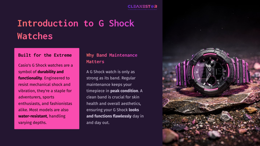 2 Introduction To G Shock Watches G-Shock Watch With A Purple Band, Displaying Rugged Design And Durability, Alongside Text On Maintenance Importance And Features.