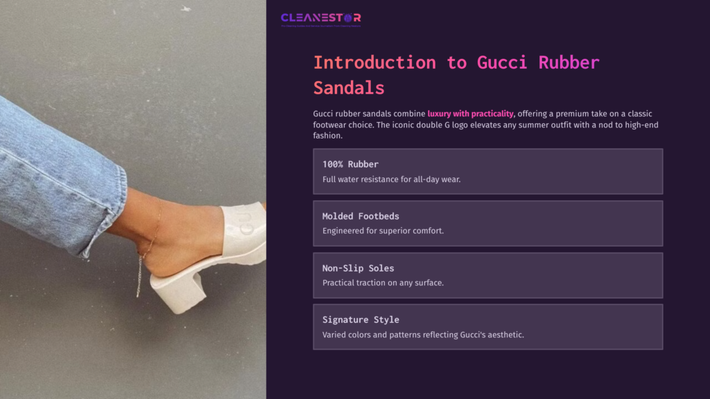 A Person Wearing White Gucci Rubber Sandals With A Square Heel On A Gray Surface, Showcasing The Sandal'S Design And Style.