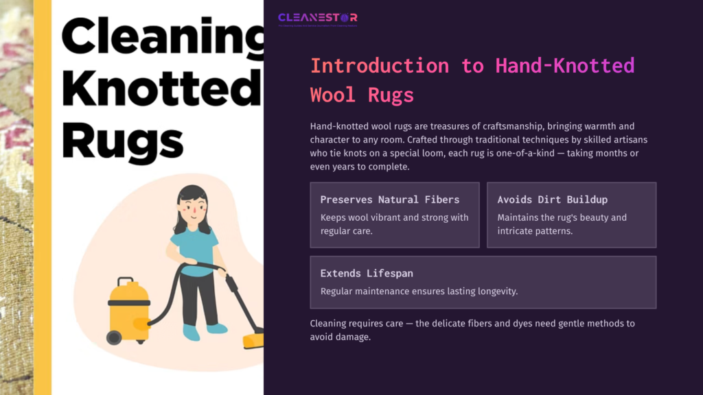 Illustration Of A Woman Vacuuming A Hand-Knotted Wool Rug, Accompanied By Text About Rug Care, Featuring Soft Colors And Clean Layout.