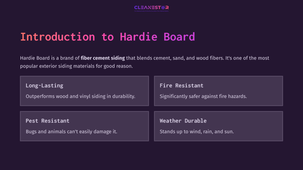 Introduction Section For Hardie Board, Featuring Four Benefits: Long-Lasting, Fire Resistant, Pest Resistant, And Weather Durable, With Purple Background.