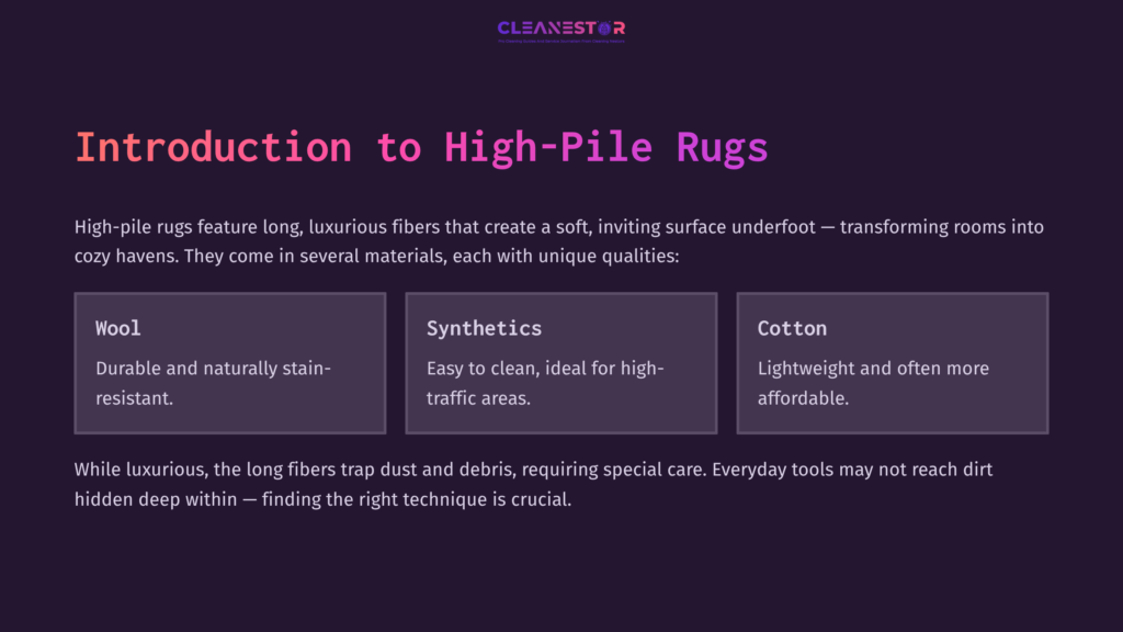 Text Overview Detailing High-Pile Rugs, Highlighting Materials Like Wool, Synthetics, And Cotton, With Benefits Of Each In A Purple Background.