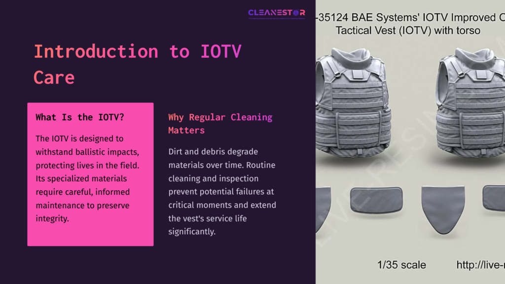 2 Introduction To Iotv Care A Tactical Vest Displayed On The Right Alongside Text On Iotv Care, With A Purple Background And Key Points Highlighted In Pink.